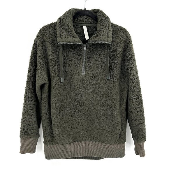 ATHLETA *Flawed Olive Green Talus Sherpa Half Zip Pullover Teddy Sweater Size XS - Picture 1 of 8